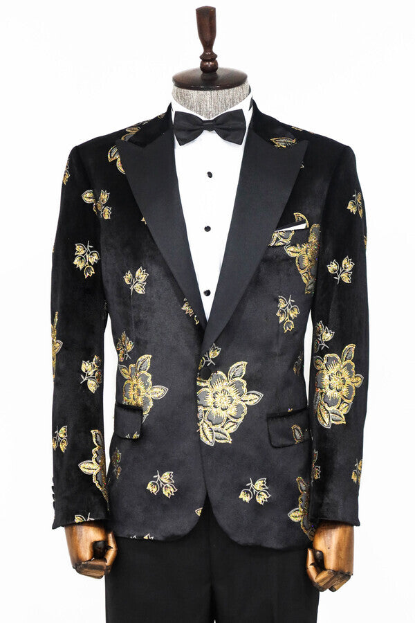 Gold Floral Patterned Shiny Black Men Prom Blazer - Wessi