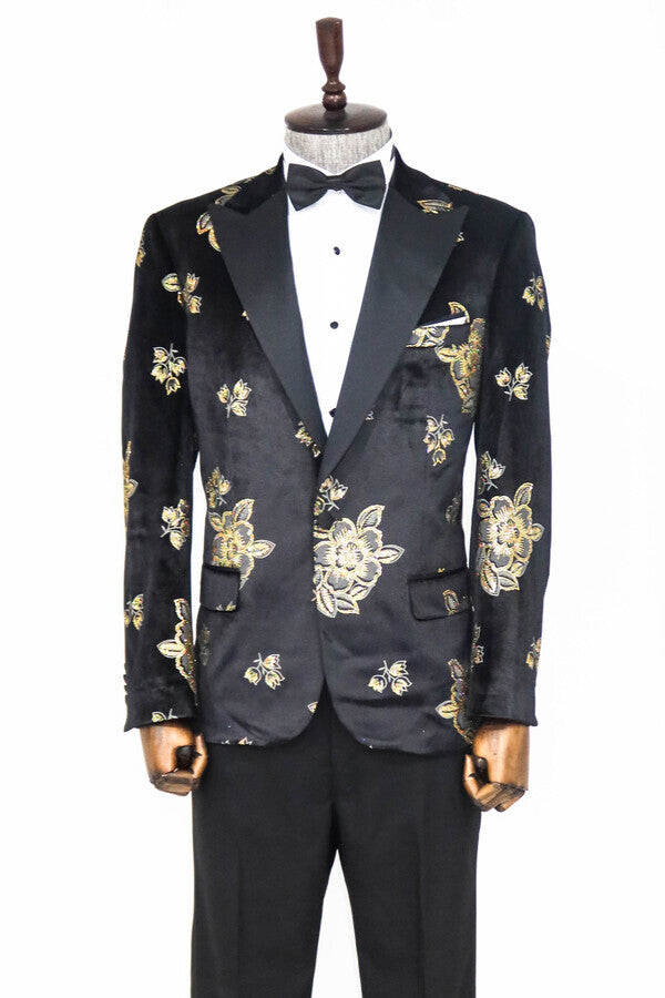 Gold Floral Patterned Shiny Black Men Prom Blazer - Wessi