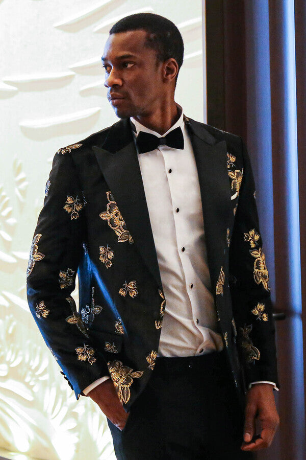 Gold Floral Patterned Shiny Black Men Prom Blazer - Wessi