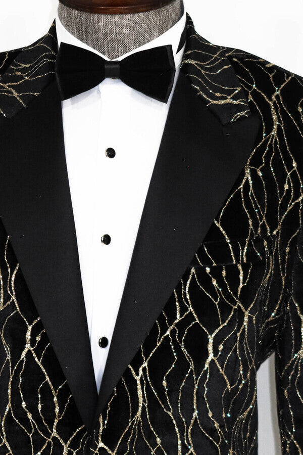 Gold Patterned Black Men Prom Blazer - Wessi