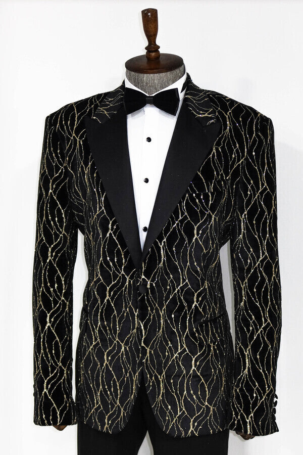 Blazer de fiesta para hombre, de color negro y estampado dorado - Wessi