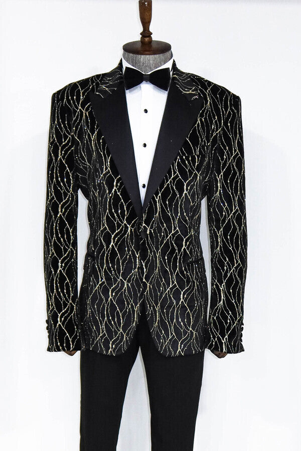 Blazer de fiesta para hombre, de color negro y estampado dorado - Wessi