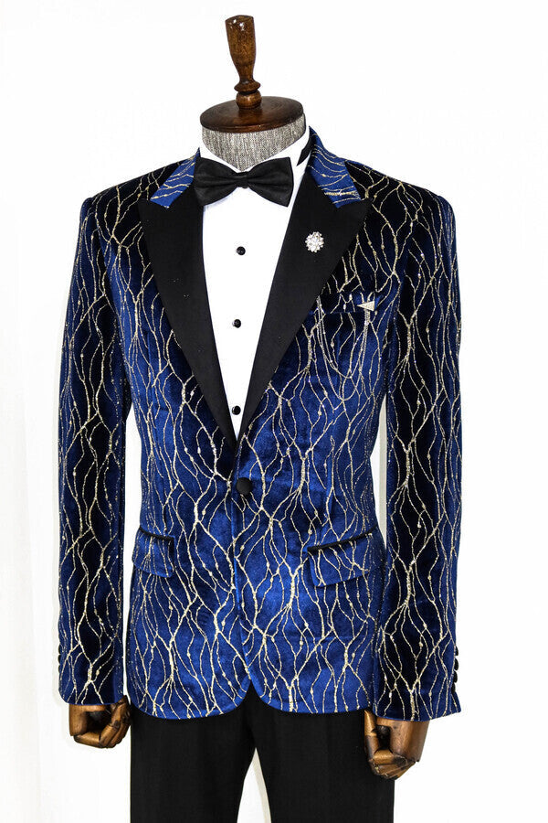 Gold Patterned Navy Blue Men Prom Blazer - Wessi