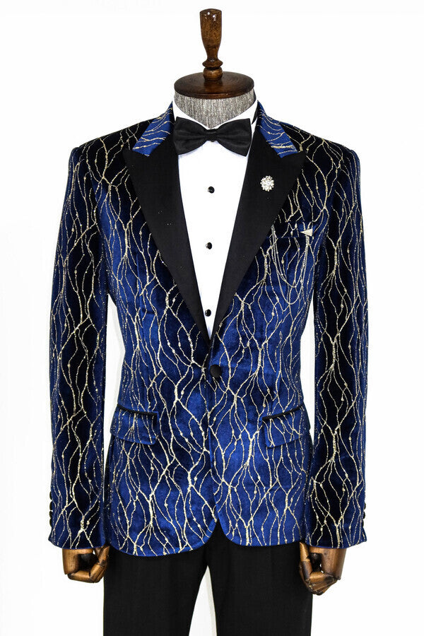 Gold Patterned Navy Blue Men Prom Blazer - Wessi