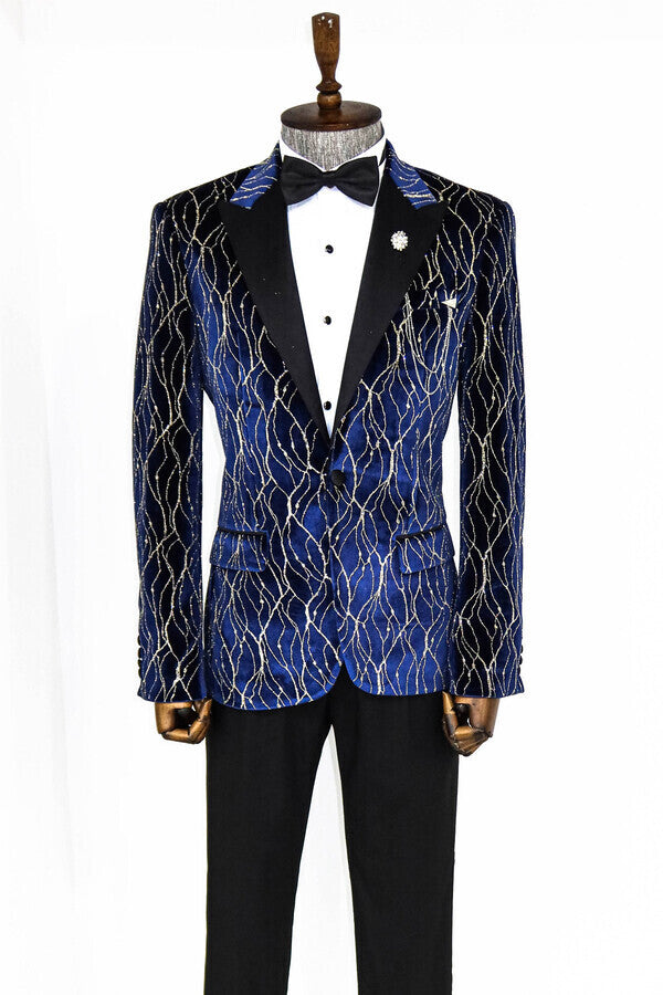 Gold Patterned Navy Blue Men Prom Blazer - Wessi