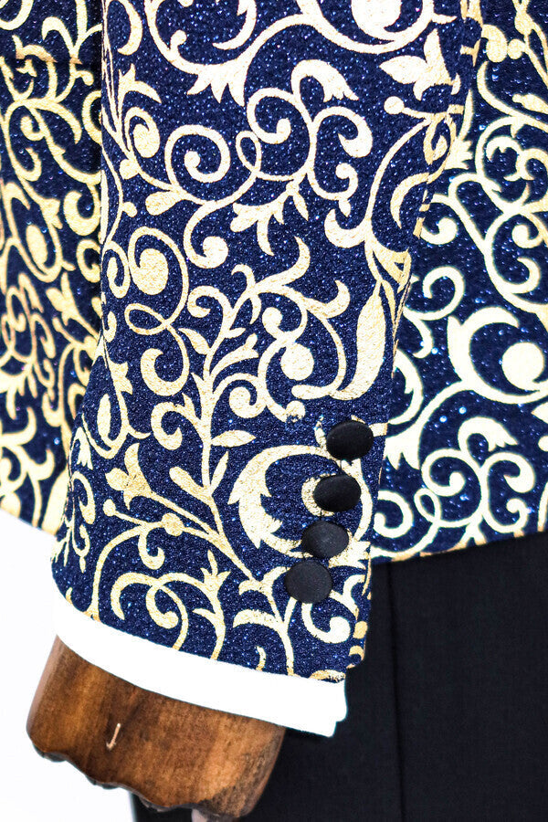 Blazer de fiesta para hombre con estampado dorado sobre azul marino - Wessi