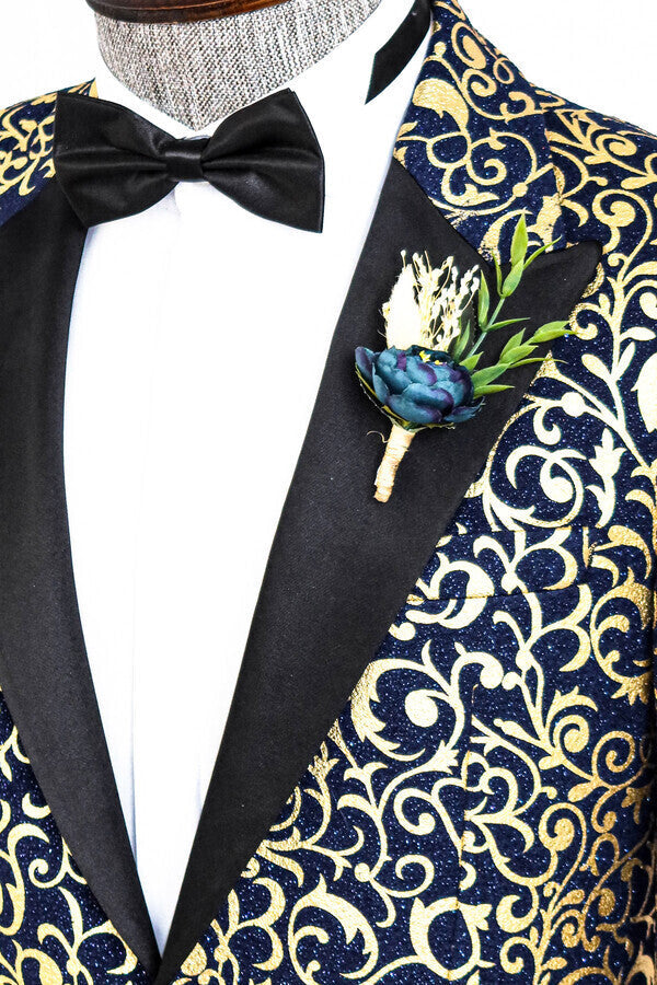 Gold Patterned Over Navy Men Prom Blazer - Wessi