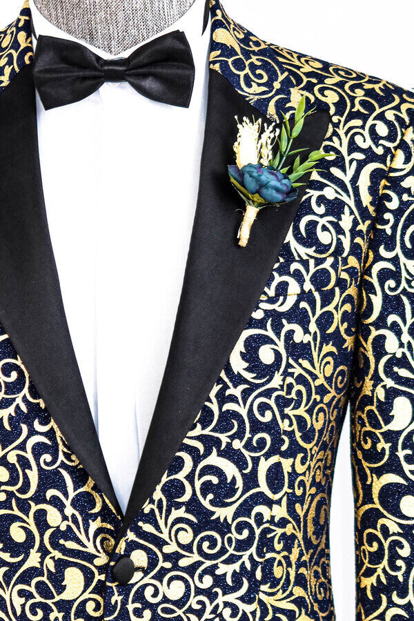 Blazer de fiesta para hombre con estampado dorado sobre azul marino - Wessi