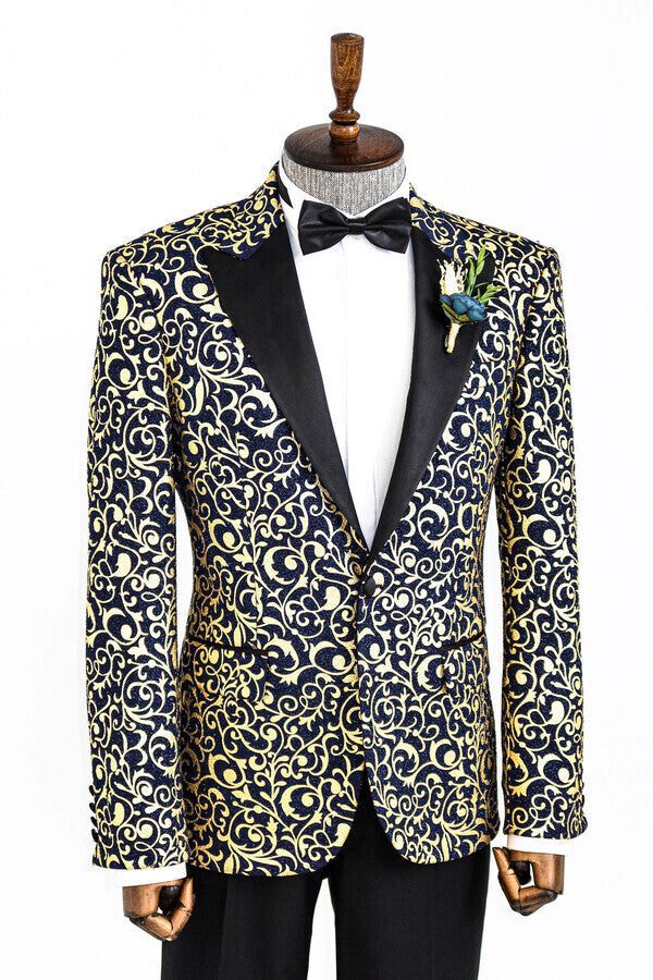 Gold Patterned Over Navy Men Prom Blazer - Wessi