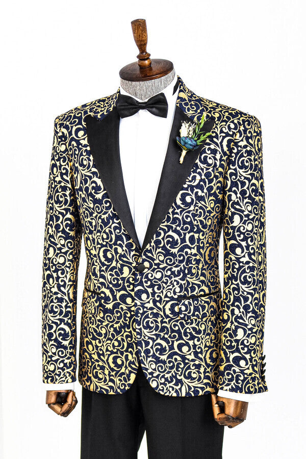 Blazer de fiesta para hombre con estampado dorado sobre azul marino - Wessi