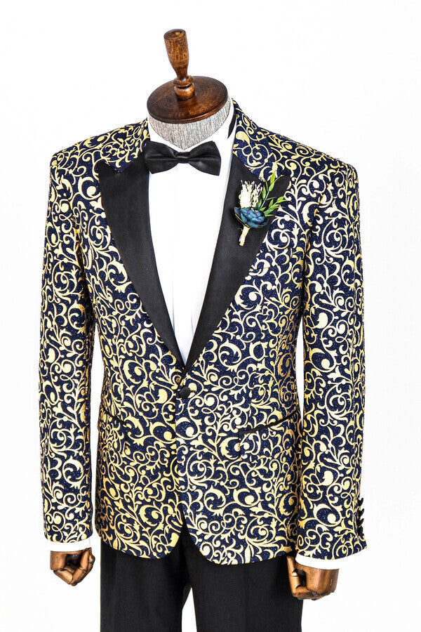 Blazer de fiesta para hombre con estampado dorado sobre azul marino - Wessi