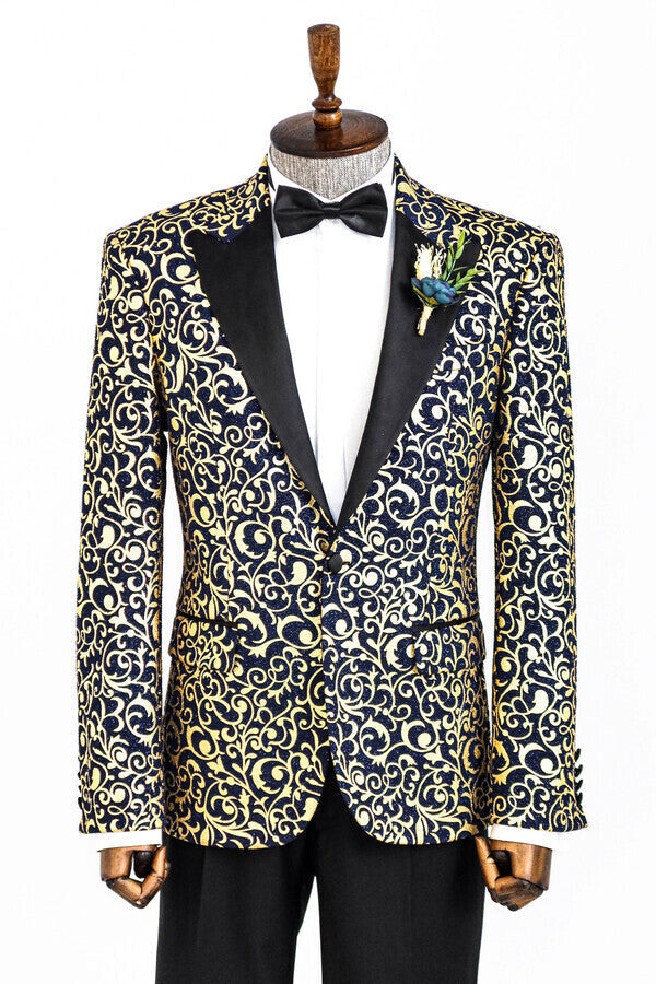 Blazer de fiesta para hombre con estampado dorado sobre azul marino - Wessi