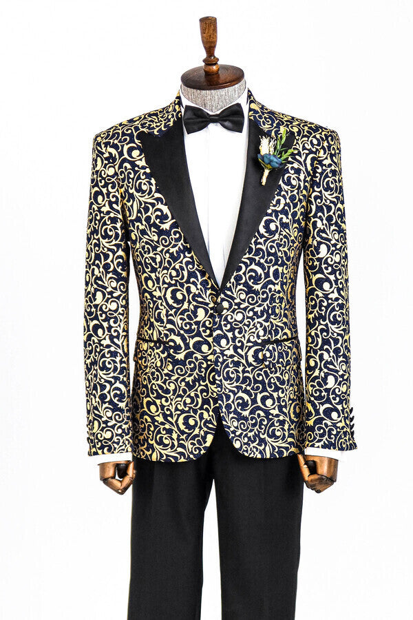 Blazer de fiesta para hombre con estampado dorado sobre azul marino - Wessi