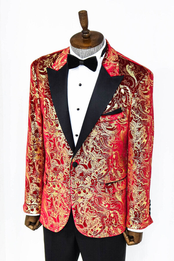 Blazer de fiesta para hombre con estampado dorado sobre rojo - Wessi