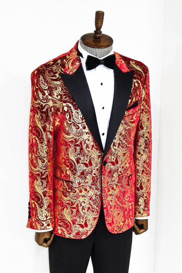 Blazer de fiesta para hombre con estampado dorado sobre rojo - Wessi