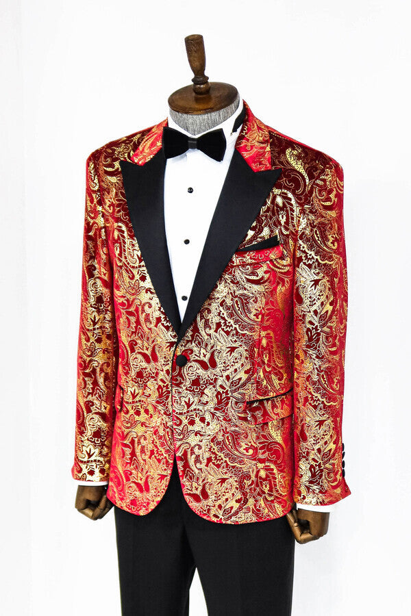 Blazer de fiesta para hombre con estampado dorado sobre rojo - Wessi