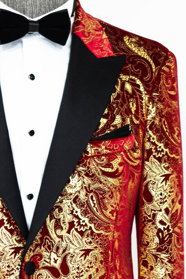 Blazer de fiesta para hombre con estampado dorado sobre rojo - Wessi