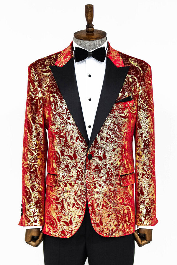 Blazer de fiesta para hombre con estampado dorado sobre rojo - Wessi