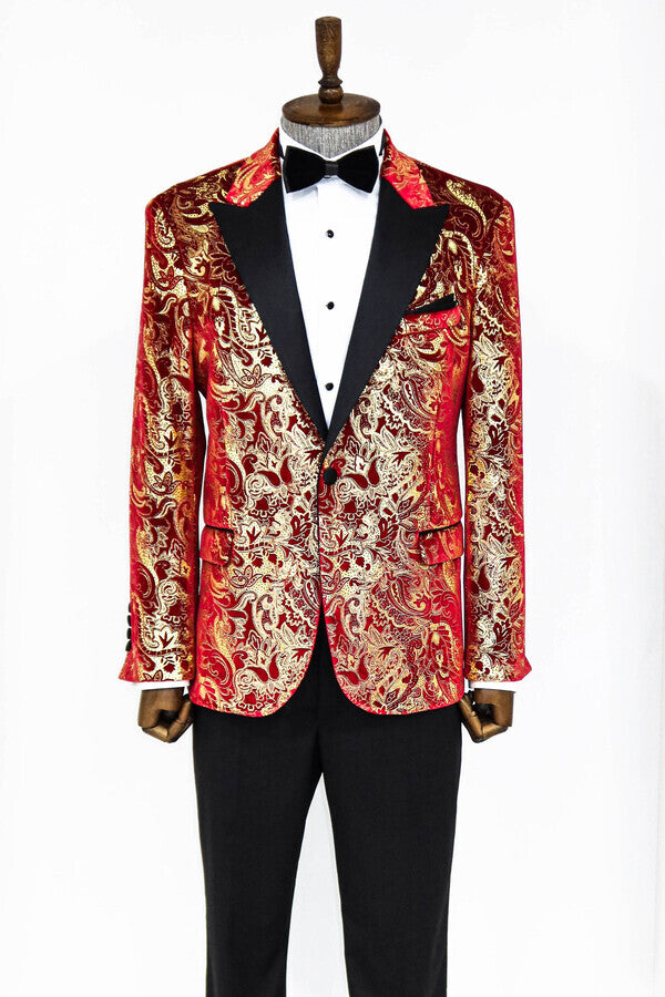 Blazer de fiesta para hombre con estampado dorado sobre rojo - Wessi