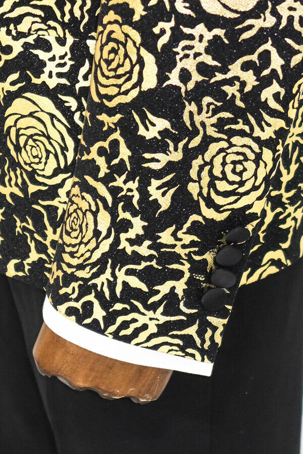 Gold Rose Patterned Slim Fit Black Men Prom Blazer - Wessi