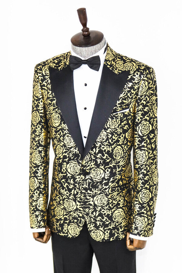 Gold Rose Patterned Slim Fit Black Men Prom Blazer - Wessi