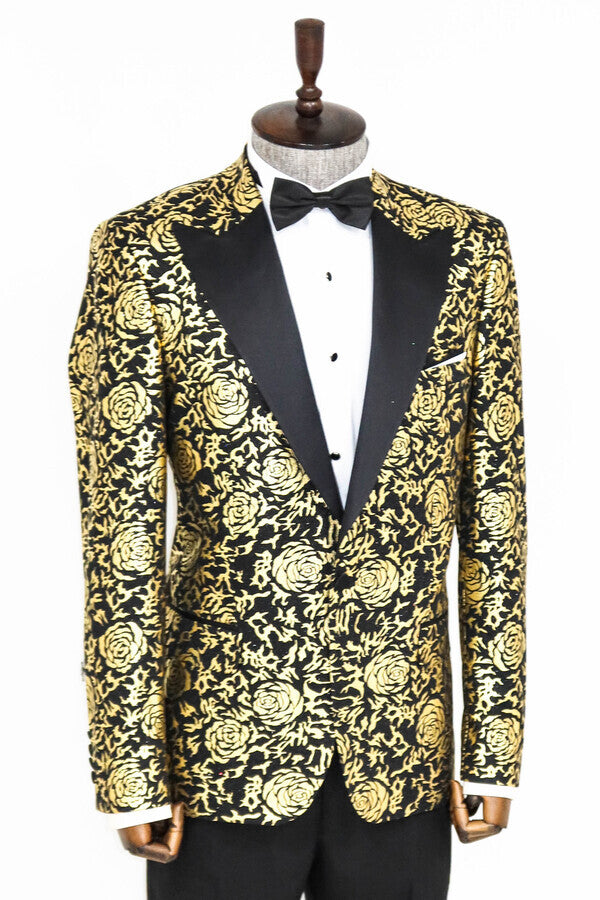 Blazer ajustado de color negro con estampado de rosas doradas para hombre - Wessi