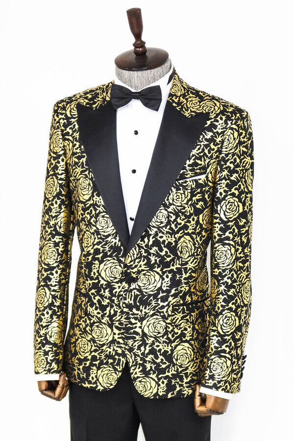 Gold Rose Patterned Slim Fit Black Men Prom Blazer - Wessi