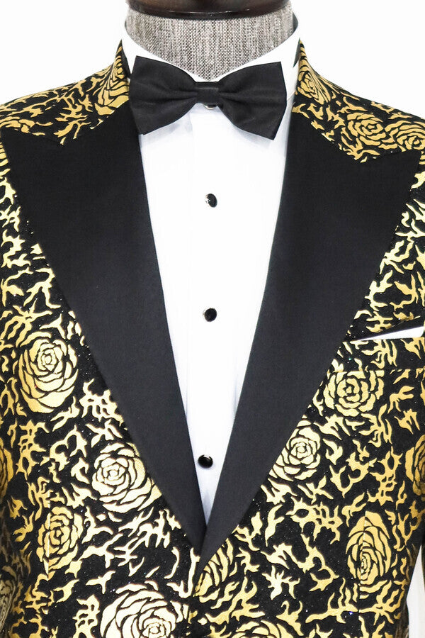 Blazer ajustado de color negro con estampado de rosas doradas para hombre - Wessi