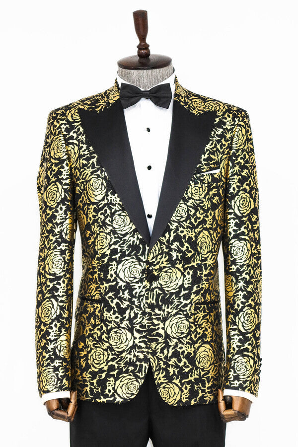 Gold Rose Patterned Slim Fit Black Men Prom Blazer - Wessi