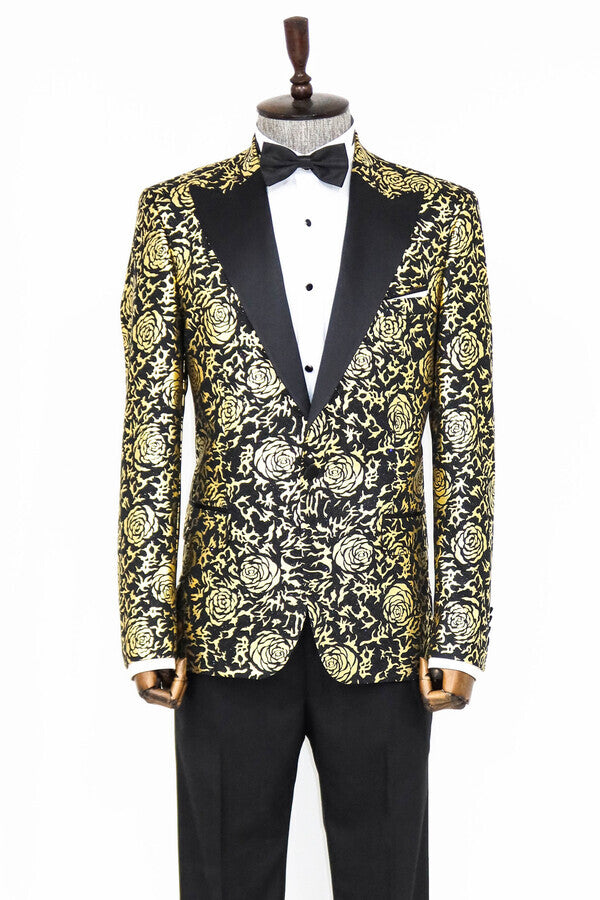 Blazer ajustado de color negro con estampado de rosas doradas para hombre - Wessi