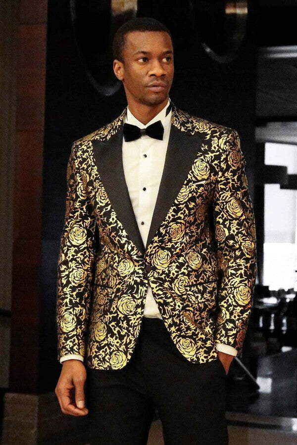 Gold Rose Patterned Slim Fit Black Men Prom Blazer - Wessi