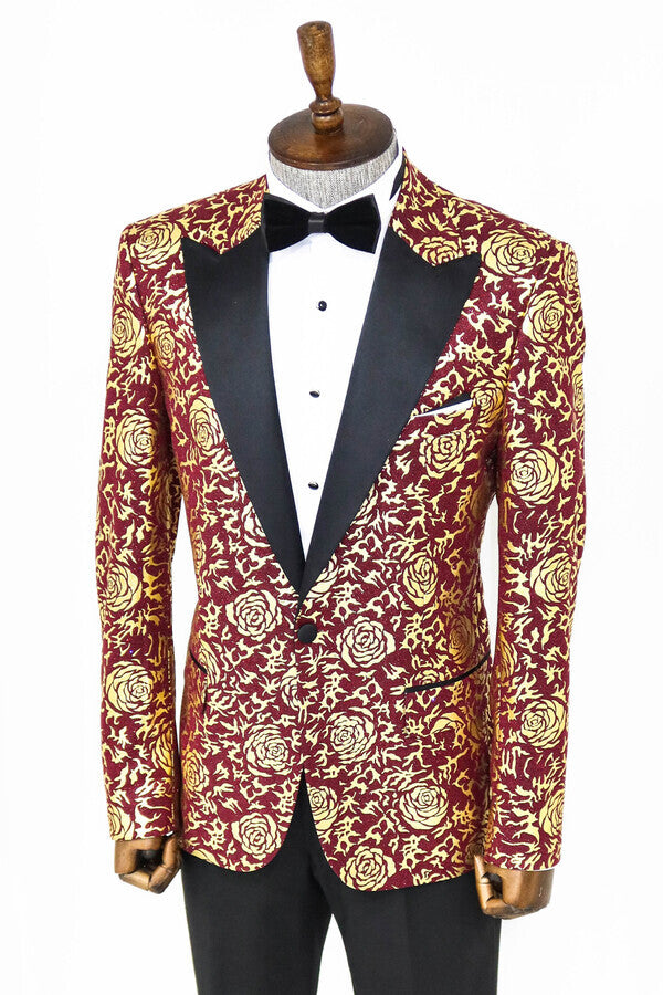 Gold Rose Patterned Slim Fit Burgundy Men Prom Blazer - Wessi