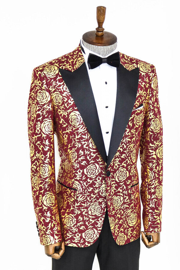 Blazer de fiesta ajustado para hombre en color burdeos con estampado de rosas doradas - Wessi