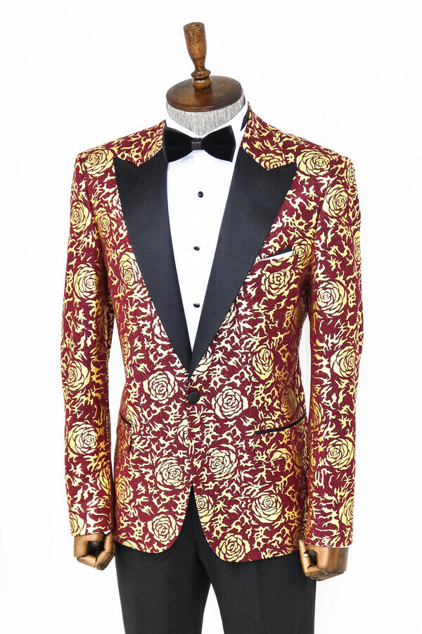 Gold Rose Patterned Slim Fit Burgundy Men Prom Blazer - Wessi