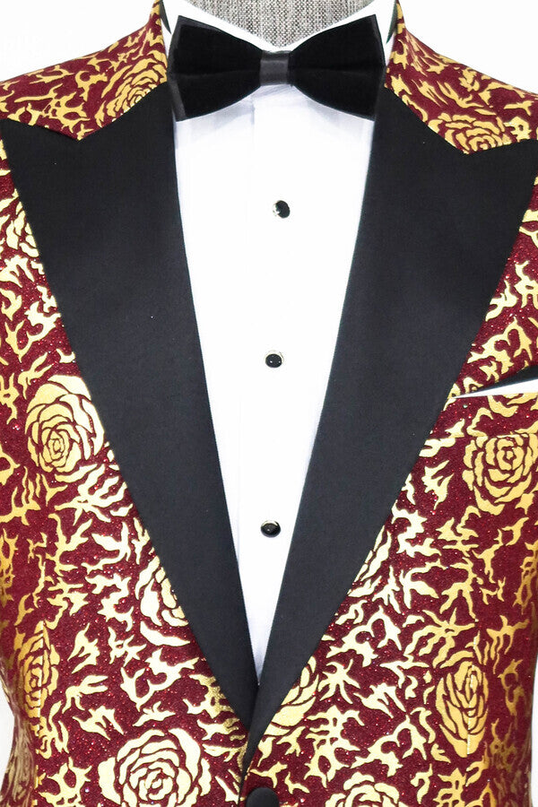 Blazer de fiesta ajustado para hombre en color burdeos con estampado de rosas doradas - Wessi