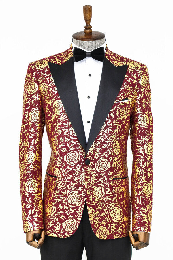 Gold Rose Patterned Slim Fit Burgundy Men Prom Blazer - Wessi