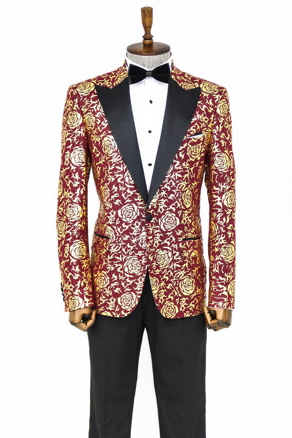 Gold Rose Patterned Slim Fit Burgundy Men Prom Blazer - Wessi