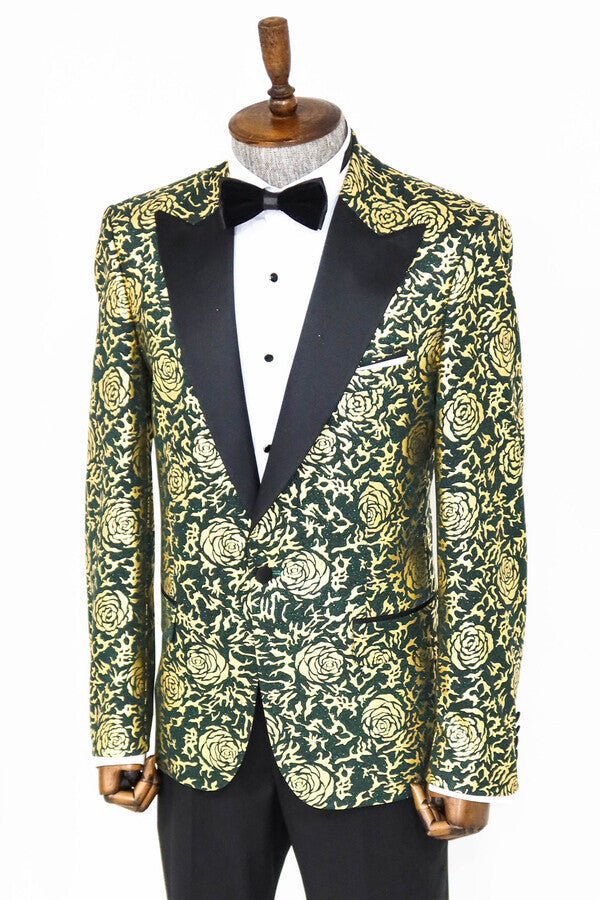 Blazer de fiesta ajustado con estampado de rosas doradas para hombre, color verde - Wessi