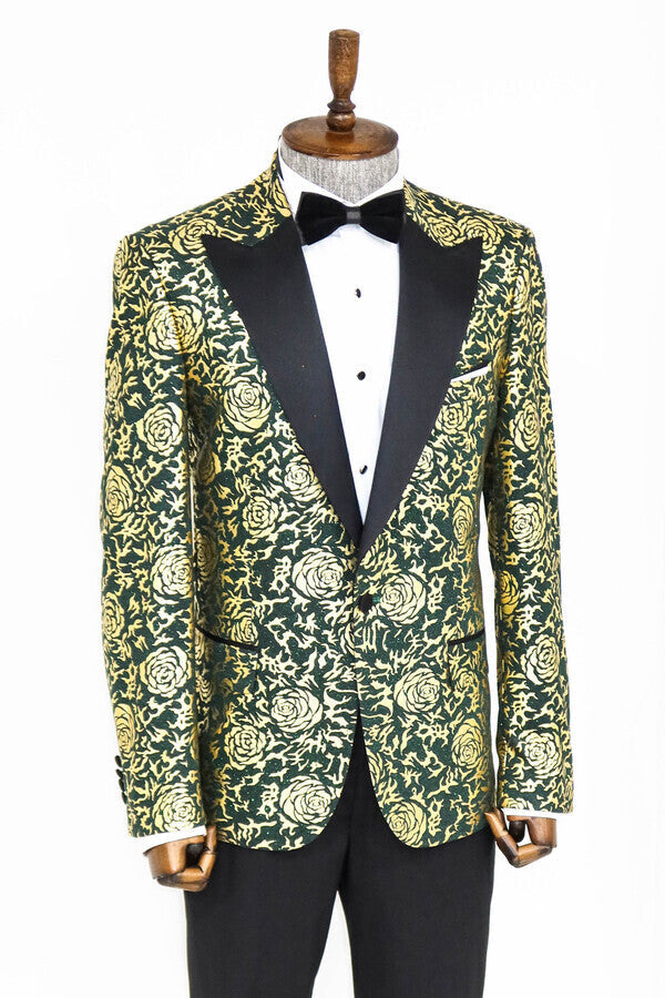 Gold Rose Patterned Slim Fit Green Men Prom Blazer - Wessi