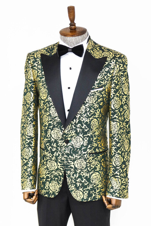 Blazer de fiesta ajustado con estampado de rosas doradas para hombre, color verde - Wessi