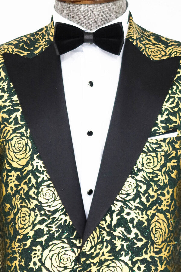 Gold Rose Patterned Slim Fit Green Men Prom Blazer - Wessi