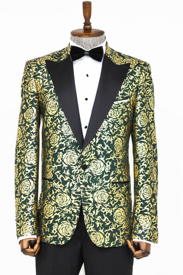 Blazer de fiesta ajustado con estampado de rosas doradas para hombre, color verde - Wessi