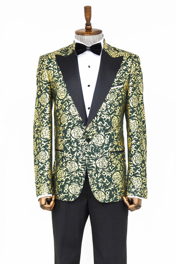 Gold Rose Patterned Slim Fit Green Men Prom Blazer - Wessi