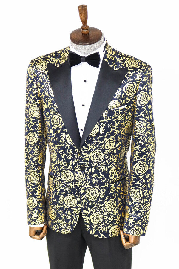 Gold Rose Patterned Slim Fit Navy Blue Men Prom Blazer - Wessi