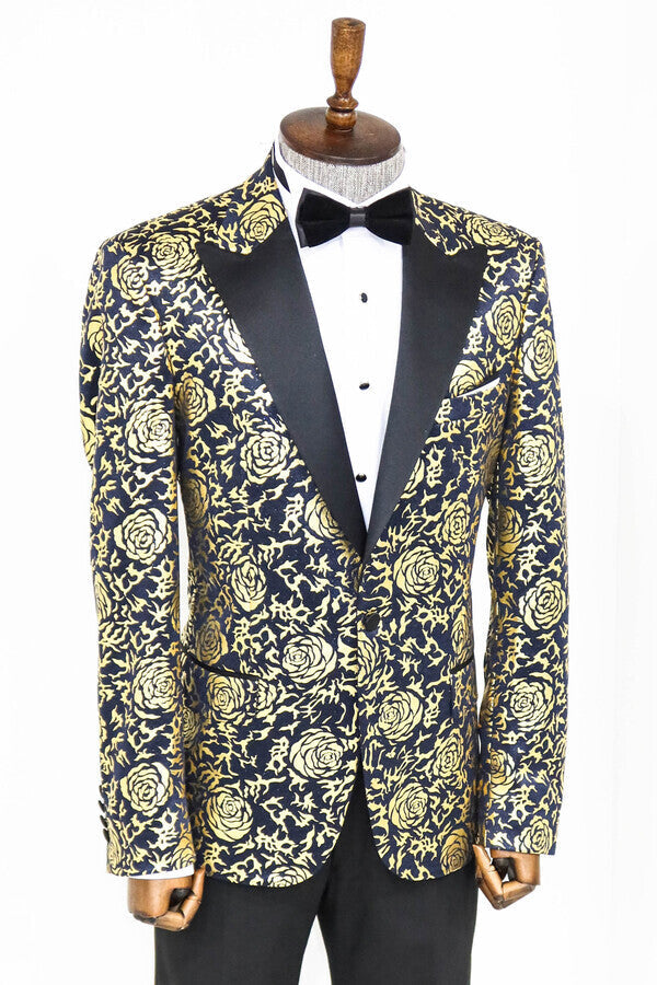 Blazer de fiesta azul marino ajustado con estampado de rosas doradas para hombre - Wessi