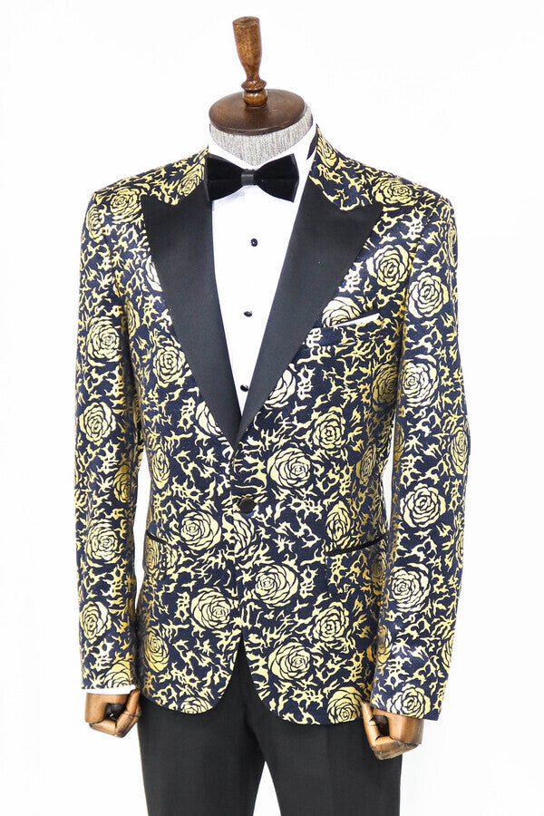 Blazer de fiesta azul marino ajustado con estampado de rosas doradas para hombre - Wessi