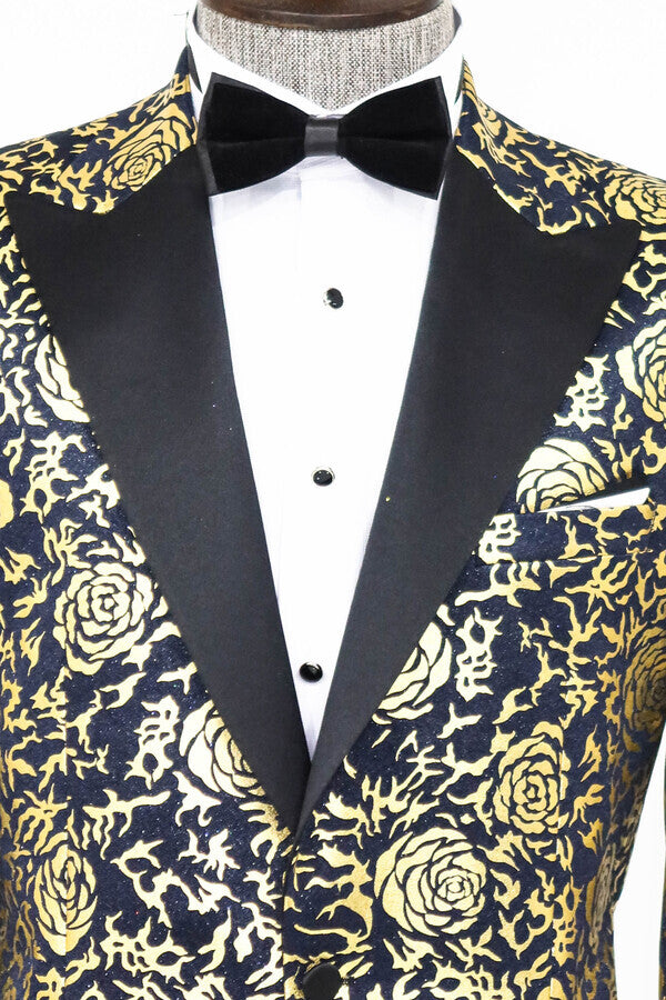 Blazer de fiesta azul marino ajustado con estampado de rosas doradas para hombre - Wessi