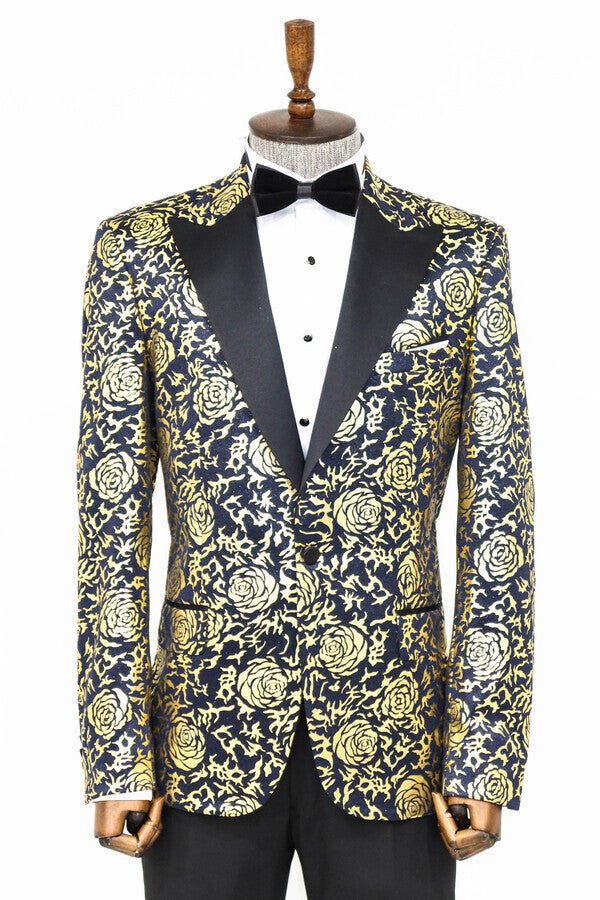 Blazer de fiesta azul marino ajustado con estampado de rosas doradas para hombre - Wessi