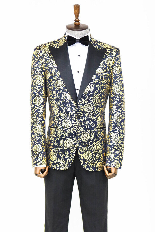 Blazer de fiesta azul marino ajustado con estampado de rosas doradas para hombre - Wessi