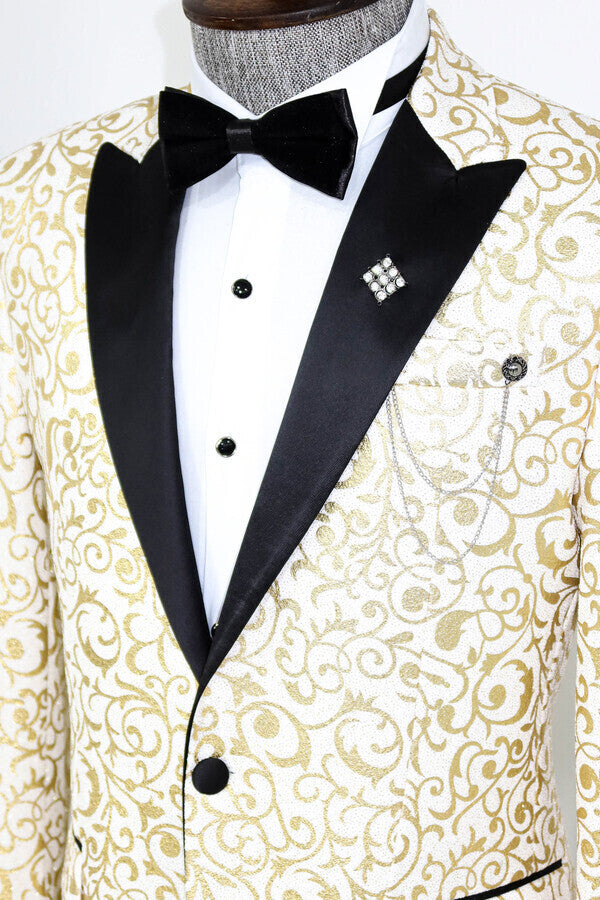 Blazer de fiesta para hombre con estampado de volutas doradas sobre blanco - Wessi